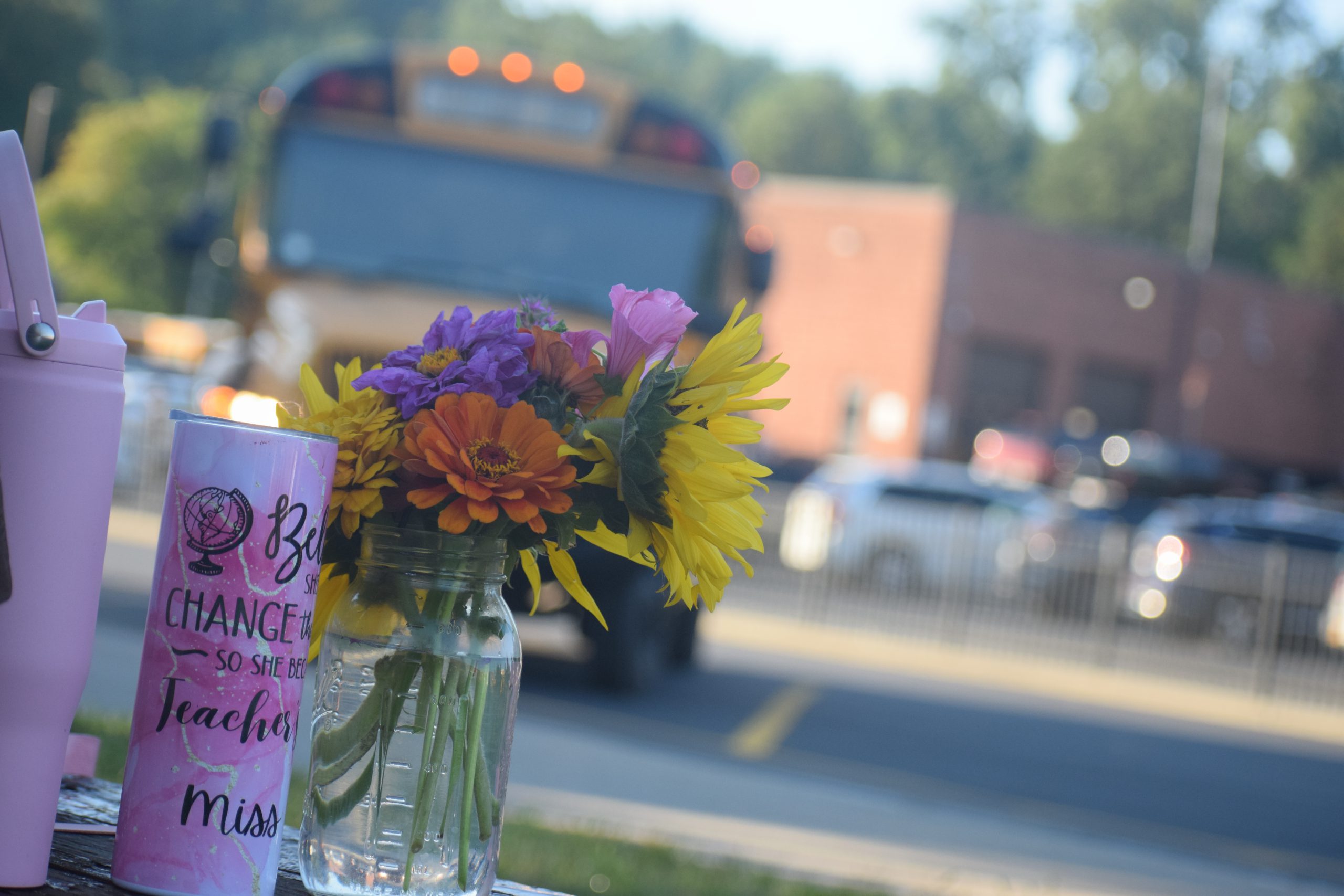 flowers and a school bus