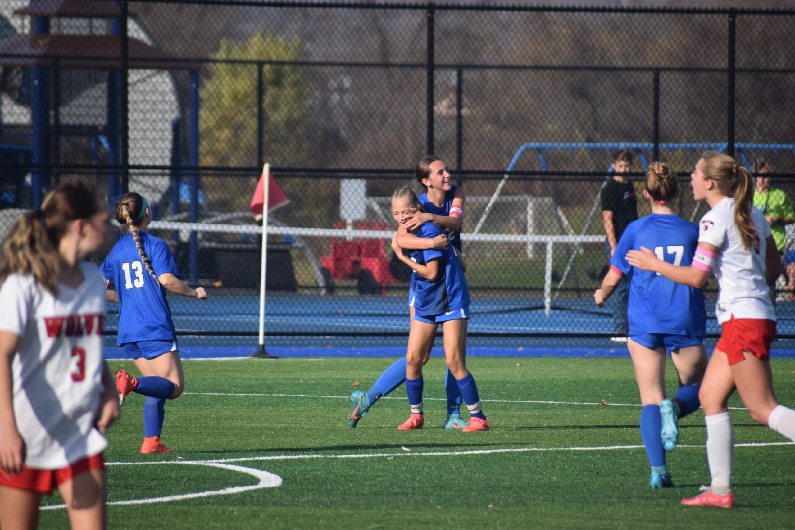 Soccer players celebrate a goal