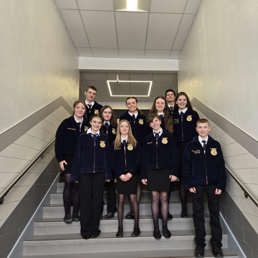 11 members of the FFA chapter stand on stairs